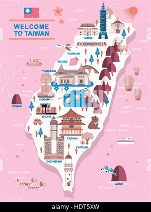 Incantevole Taiwan mappa di viaggio design in stile piatto Illustrazione Vettoriale