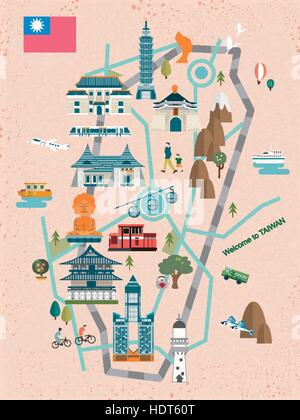 Incantevole Taiwan mappa di viaggio design in stile piatto Illustrazione Vettoriale