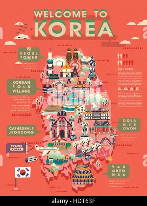 Bella la Corea del Sud mappa di viaggio con abbondanza di attrattive Illustrazione Vettoriale