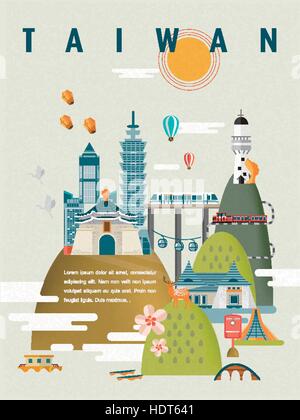 Incantevole Taiwan travel design poster in stile piatto Illustrazione Vettoriale