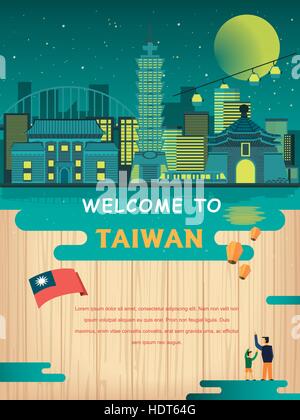 Incantevole Taiwan travel design poster in stile piatto Illustrazione Vettoriale