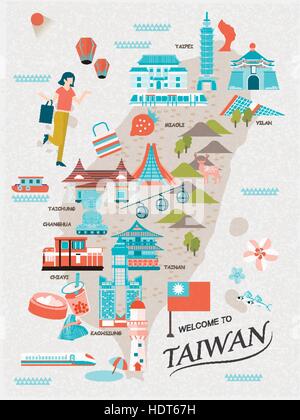 Incantevole Taiwan mappa di viaggio design in stile piatto Illustrazione Vettoriale