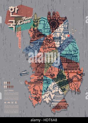 Moderna Corea del Sud mappa di viaggio con gli elementi geometrici - Corea in coreano parole sulla parte superiore sinistra Illustrazione Vettoriale