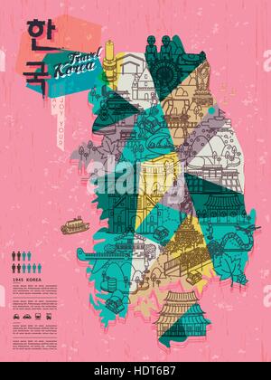 Moderna Corea del Sud mappa di viaggio con gli elementi geometrici - Corea in coreano parole sulla parte superiore sinistra Illustrazione Vettoriale