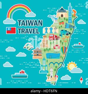 Incantevole Taiwan mappa di viaggio design in stile piatto Illustrazione Vettoriale