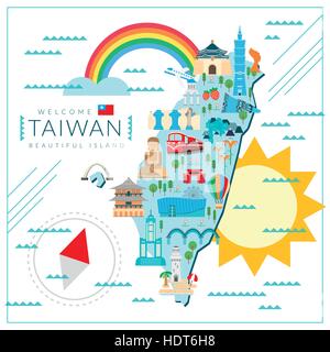 Incantevole Taiwan mappa di viaggio design in stile piatto Illustrazione Vettoriale