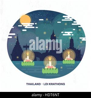 Thailandia Loy Krathong concetto poster in stile piatto Illustrazione Vettoriale