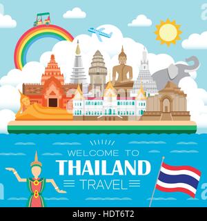 Adorabili viaggi in Thailandia concetto poster in stile piatto Illustrazione Vettoriale