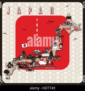 Retrò Japan travel design poster con attrazioni Illustrazione Vettoriale