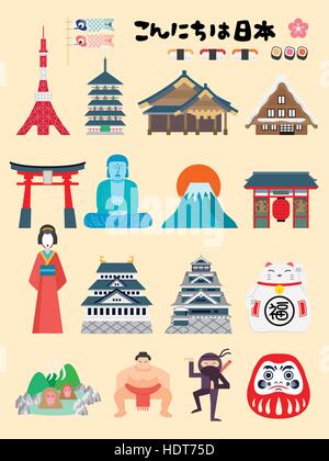 Bella Japan travel collection - Ciao Giappone sulla parte superiore destra e beato il fortunato cat in parole giapponesi Illustrazione Vettoriale