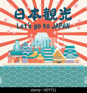 Attraente Japan travel poster in stile appartamento - Japan travel sopra in parola giapponese Illustrazione Vettoriale