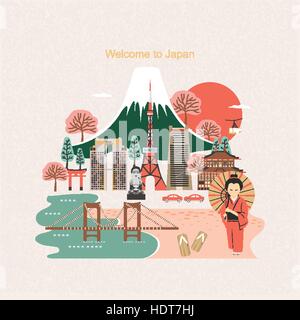 Bella Japan travel design poster in stile piatto Illustrazione Vettoriale