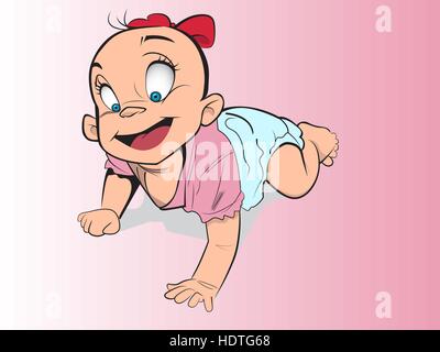 Illustrazione Vettoriale di uno stile cartoon Baby girl strisciando nel suo pannolino e sorridente Illustrazione Vettoriale