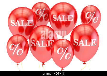 La vendita e il concetto di sconto con palloncini rossi. 3D rendering isolati su sfondo bianco Foto Stock