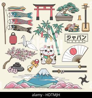 La squisita Japan travel raccolta di elementi in stile di linea - Giappone nome paese in parole giapponesi Illustrazione Vettoriale