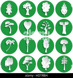 Set di diverse icone di albero in stile della carta Illustrazione Vettoriale