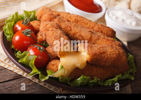 Hot formaggio fritto close-up su una piastra, orizzontale Foto Stock