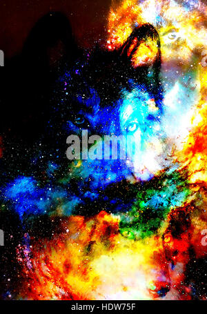 Spazio magico Wolf, multicolore alla computer grafica collage Foto Stock