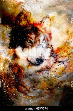 Spazio magico Wolf, multicolore alla computer grafica collage Foto Stock