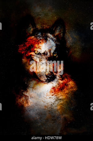 Spazio magico Wolf, multicolore alla computer grafica collage Foto Stock