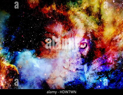 Spazio magico Wolf, multicolore alla computer grafica collage Foto Stock