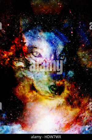 Spazio magico Wolf, multicolore alla computer grafica collage Foto Stock