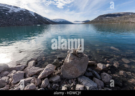 Styggevatnet è un lago glaciale dal ghiacciaio Jostedalsbreen, lucentezza, Sogn og Fjordane, Norvegia Foto Stock