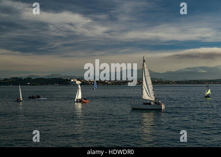 Barche a vela nel pomeriggio sulla baia di Santander. Sullo sfondo la città di Pedreña e la montagna del Cantabrico gamma Foto Stock