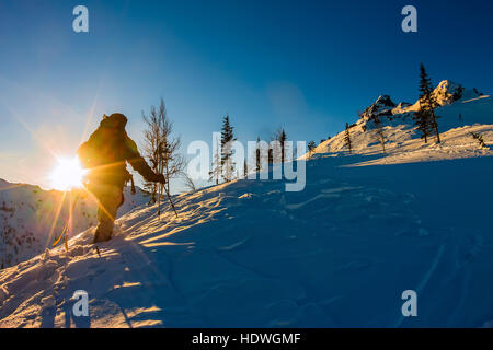 Sci Freeride retroilluminato in salita Rising Sun Foto Stock