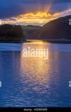 Vista del Llyn Clywedog al tramonto. Vicino a Llanidloes, POWYS, GALLES. Settembre. Foto Stock