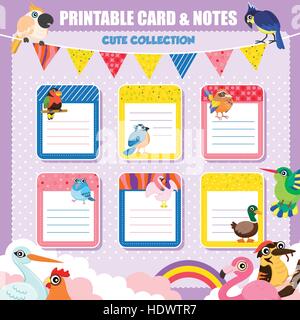 Incantevoli note stampabili e raccolta carta con gli uccelli Illustrazione Vettoriale