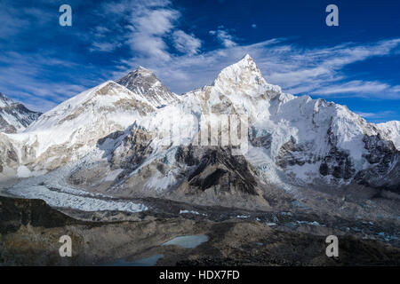 Il massiccio delle montagne intorno a Mt. Everest (8848m) e sul Nuptse (7861m) al tramonto, visto da di Kala Pathar (5545m) Foto Stock