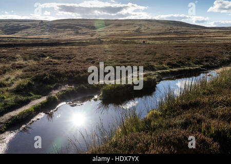 La luce del sole è riflessa in una piscina su del The Pennine Way vicino Haworth, West Yorkshire, con Top ambiti in lontananza Foto Stock