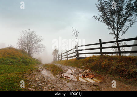 Terreno fangoso dopo la pioggia nelle montagne dei Carpazi. Extreme rurale di percorso su strada sterrata in collina. Il maltempo. Foto Stock