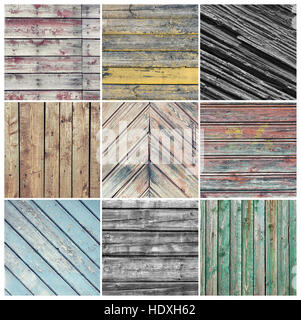 Square photo collage con nove vecchio legno stagionato foto Foto Stock