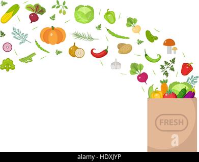 Carta per lo shopping bag con verdure fresche. Design piatto. Banner spazio per testo, isolati su sfondo bianco. Uno stile di vita sano, vegan, dieta vegetariana, cibo crudo. Illustrazione Vettoriale Illustrazione Vettoriale