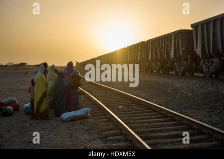 Il treno più lungo al mondo in esecuzione da Zerouat a Nouadibhu, Mauritania, Foto Stock