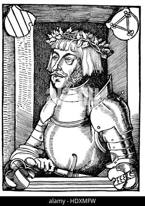 Ulrich von Hutten, 1488-1523, un studioso tedesco, poeta satiro e riformatore, xilografia a partire dall'anno 1882, digitale migliorata Foto Stock