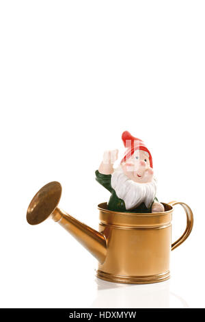 Gnomo da giardino in un annaffiatoio Foto Stock