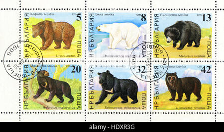 Francobollo stampato in Bulgaria mostra immagini delle varie orsi, 1988 Foto Stock