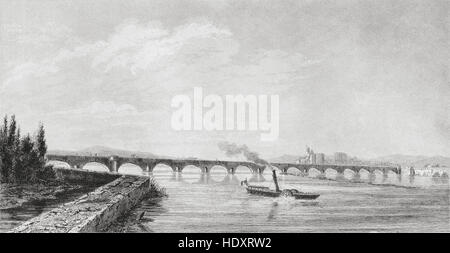 Pont-Saint-Esprit e il fiume Rodano con ponte medievale del XIII secolo, Francia. Xix secolo incisione in acciaio da Breton. Foto Stock