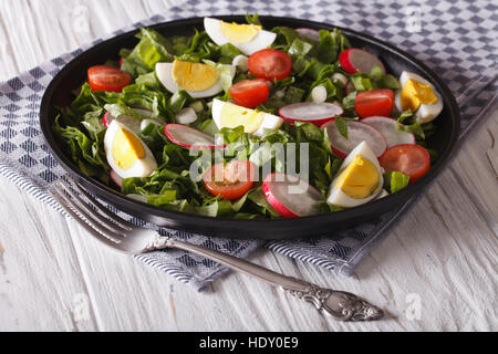 Insalata primaverile con uova, pomodori, ravanelli e sorrel close up su una piastra. Posizione orizzontale Foto Stock