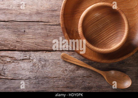 Utensili in legno in stile rustico di close-up. vista orizzontale dal di sopra Foto Stock