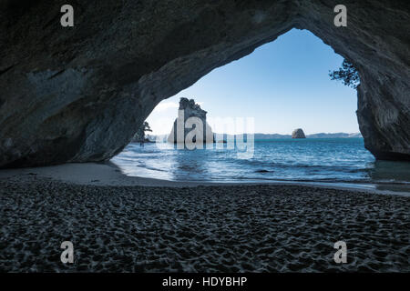 Cattedrale Cove Beach e 'Te Hoho Rock' Penisola di Coromandel, Isola del nord, Nuova Zelanda. Foto Stock