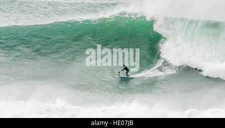 Newquay, Regno Unito. 16 dicembre 2016. Un paddleboarder equitazione Cribbar. Questa è la prima volta in questa stagione invernale che la Cribbar è stato percorribilità. © Geoff Tydeman/Alamy Live News. Foto Stock