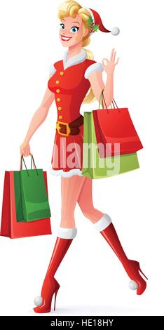 Vector pretty woman in Santa outfit shopping e mostra OK. Illustrazione Vettoriale