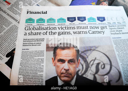 'Globalizzazione vittime deve ora ottenere una quota dei guadagni, avverte Carney' titolo di giornale Londra Inghilterra REGNO UNITO Foto Stock