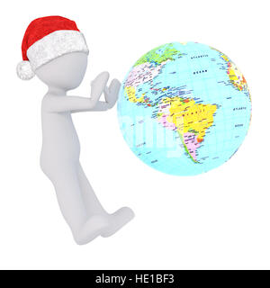 Poco 3d uomo in un rosso cappello di Natale il divertimento la filatura di un globo mondo come egli cerca una destinazione di vacanza, isolato 3d reso illustrazione su Foto Stock