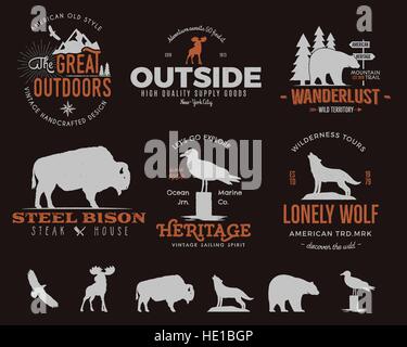 Animali selvatici del set di badge e attività all'aperto insignias. Retrò illustrazione del badge animale. Tipografia stile campeggio. Vettore badge animale loghi con Illustrazione Vettoriale