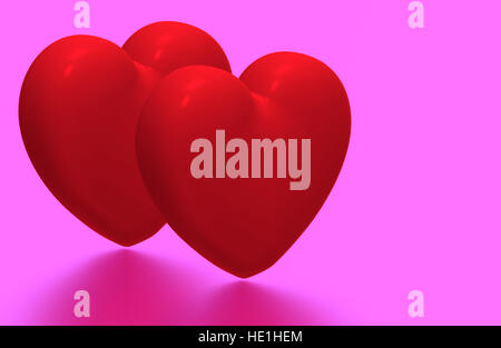 Due cuori rossi su sfondo rosa, 3D render Foto Stock
